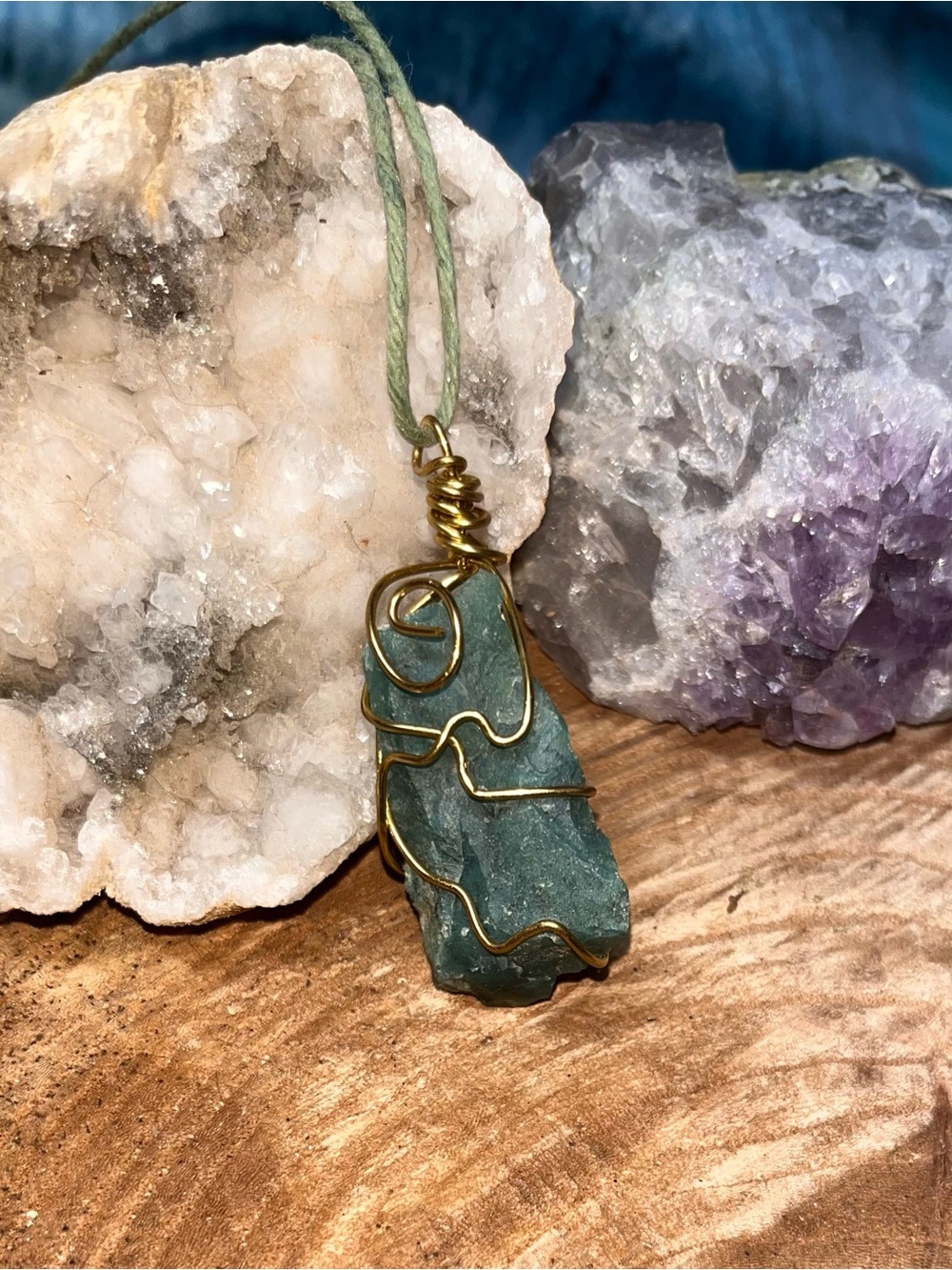 Green Raw Stone Pendant Necklace with Gold Wire Wrap